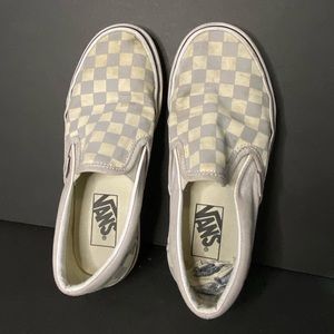 White and Grey/Blue Checkered Slip On Vans